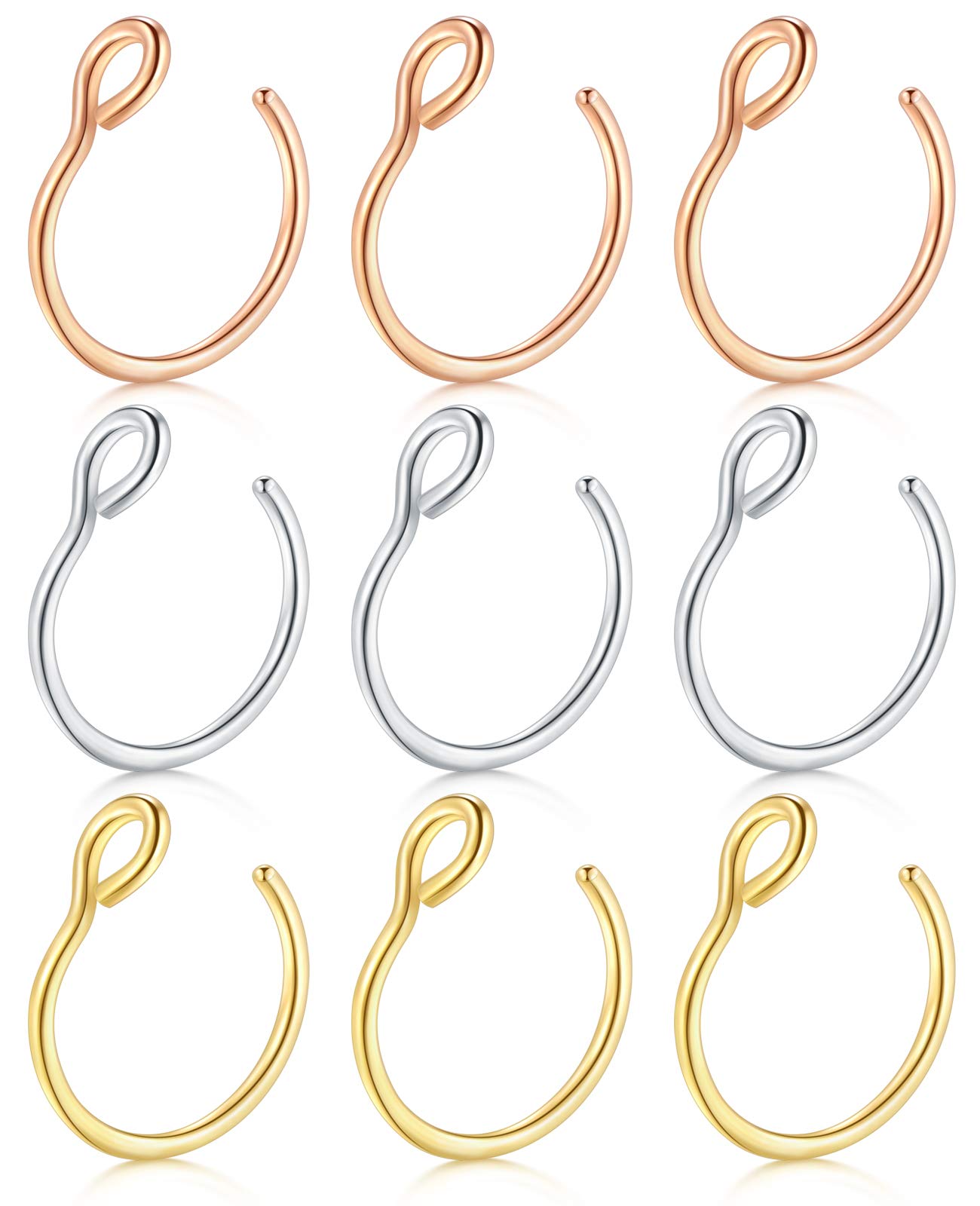 JFORYOU 9 Pieces 316L Steel Nose Ring Nose Hoop Fake Nose Ring Piercing Body Jewelry, 3 Colors,20 Gauge 8mm