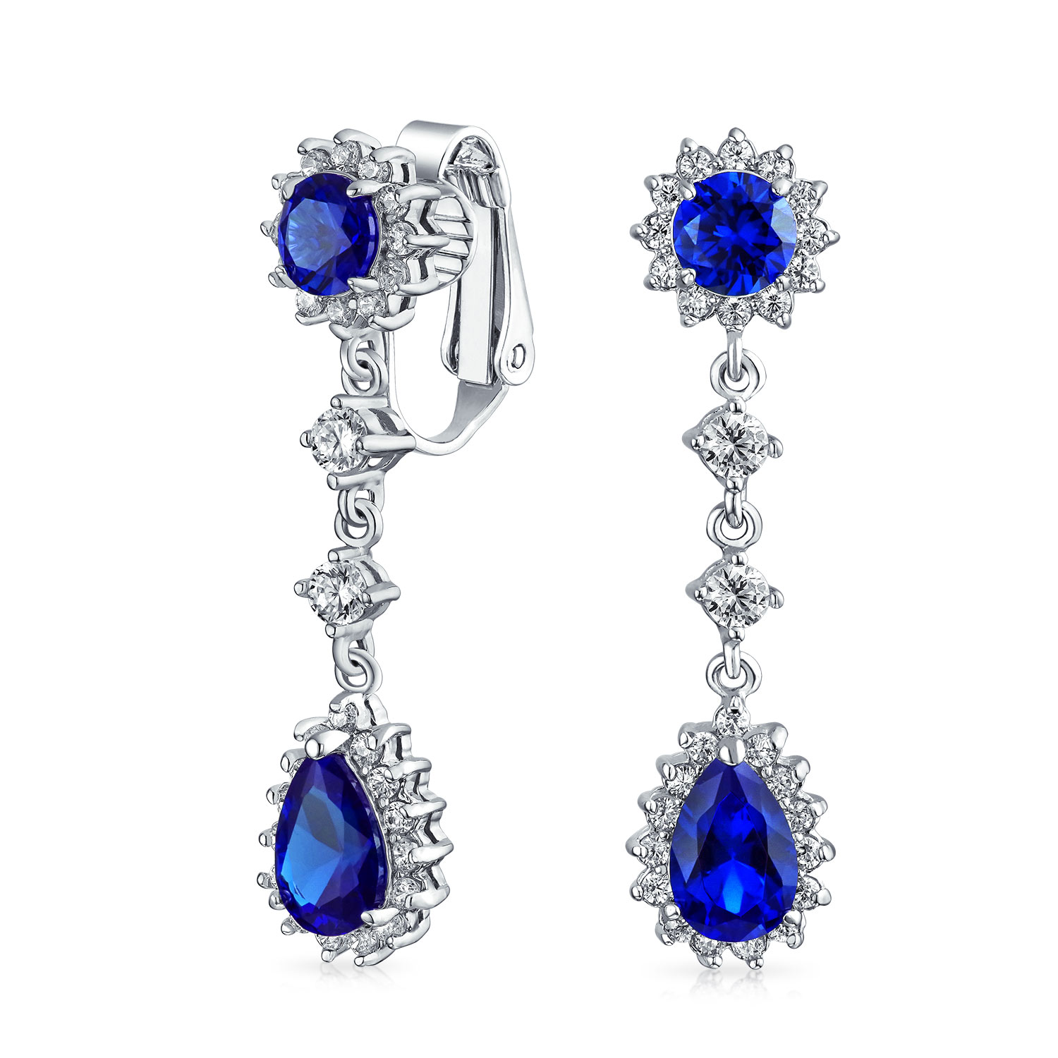 Vintage Style Bridal Simulated Blue Sapphire Statement Pave Crown Halo Cubic Zirconia AAA CZ Long Dangling Oval Teardrop Chandelier Clip On Earrings For Women Non-Pierced — image 1