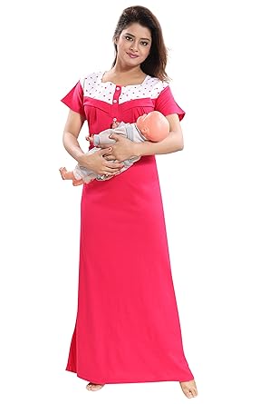 Fabme Womens Hosiery Cotton, Nursing, Feeding, Maternity Nighty - Zip Opening at Bust - Before