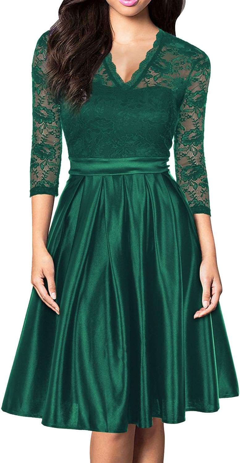 Women Vintage V Neck Floral Lace Cocktail Evening Party Swing Dress