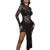acelyn Women’s Sexy Floral Lace Bodycon Mini Dress Long Sleeve Mock Neck Cocktail Party Birthday Club Dress