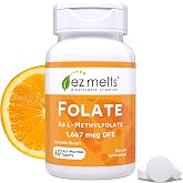 EZ Melts Dissolvable Folate 1,667 mcg DFE, 60 Tablets, Orange Blast | Methylated Folate Supplement, Heart Health &amp; Healthy Fetal Development, Non-GMO, Vegan &amp; Dairy-Free