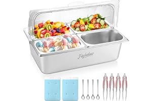 FAJIDUO Countertop Ice Food Serving Display Container, Spice Display Salad Dressing Cooler, Stainless Steel Food Serving Tray Buffet Condiment Dispenser with Clear Roll Top Cover, Clamps, Spoons, Ice Packs