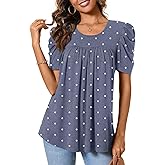 Anydeer Women Tunic Top Summer Short Puff Sleeve Chest Pleated Tshirts Casual Round Neck Blouse Loose Tee
