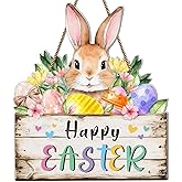 JUESMOS Happy Easter Signs for Home Decor Outdoor Indoor 11.4" Floral Spring Bunny Egg Door Wreaths Sign for Front Door Easter Bunny Rabbit Sign Wall Hanger Sign for Porch Yard Wall Decorations