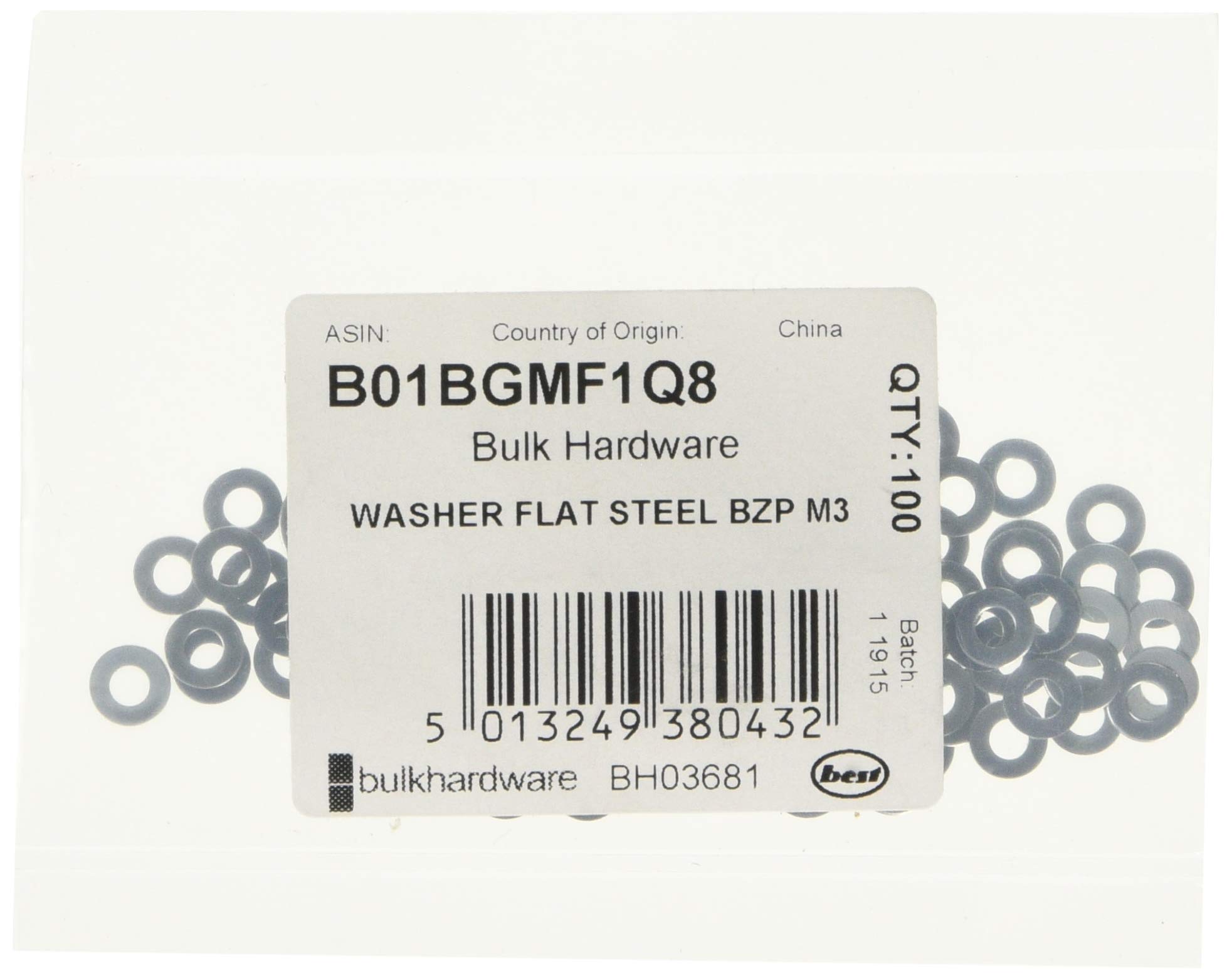 Merriway BH03681 (100 Pcs) M3 (1/8 Inch) Bright Zinc Plated Steel Flat Washer - Pack of 100 Pieces