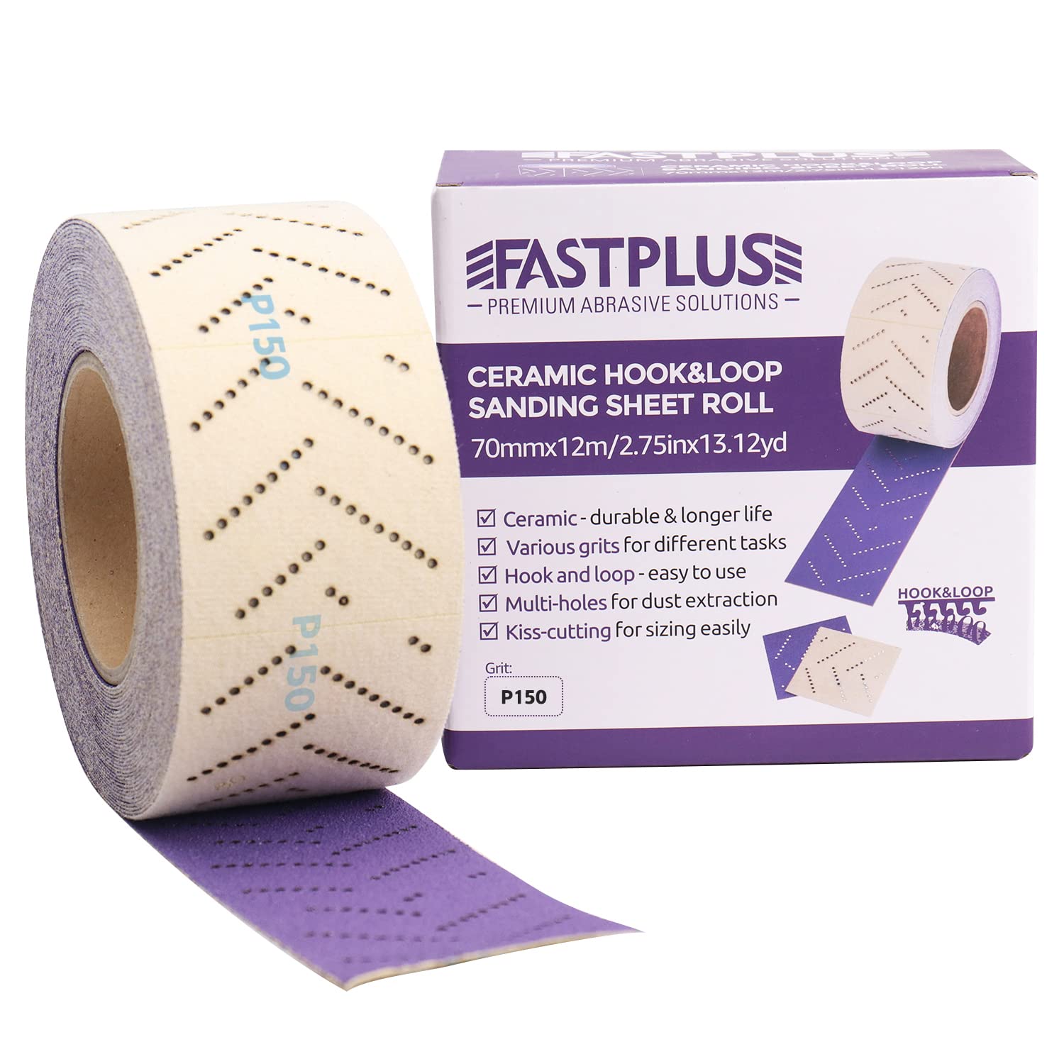 FASTPLUS Abrasive Sheet Roll, Purple Ceramic Automotive Sandpaper Roll,Multi-Hole, 70 mm x 12 m Rectangular Hand Torn Sandpaper for Wood Sanding,Coating Removal,Body Repair,150 Grit