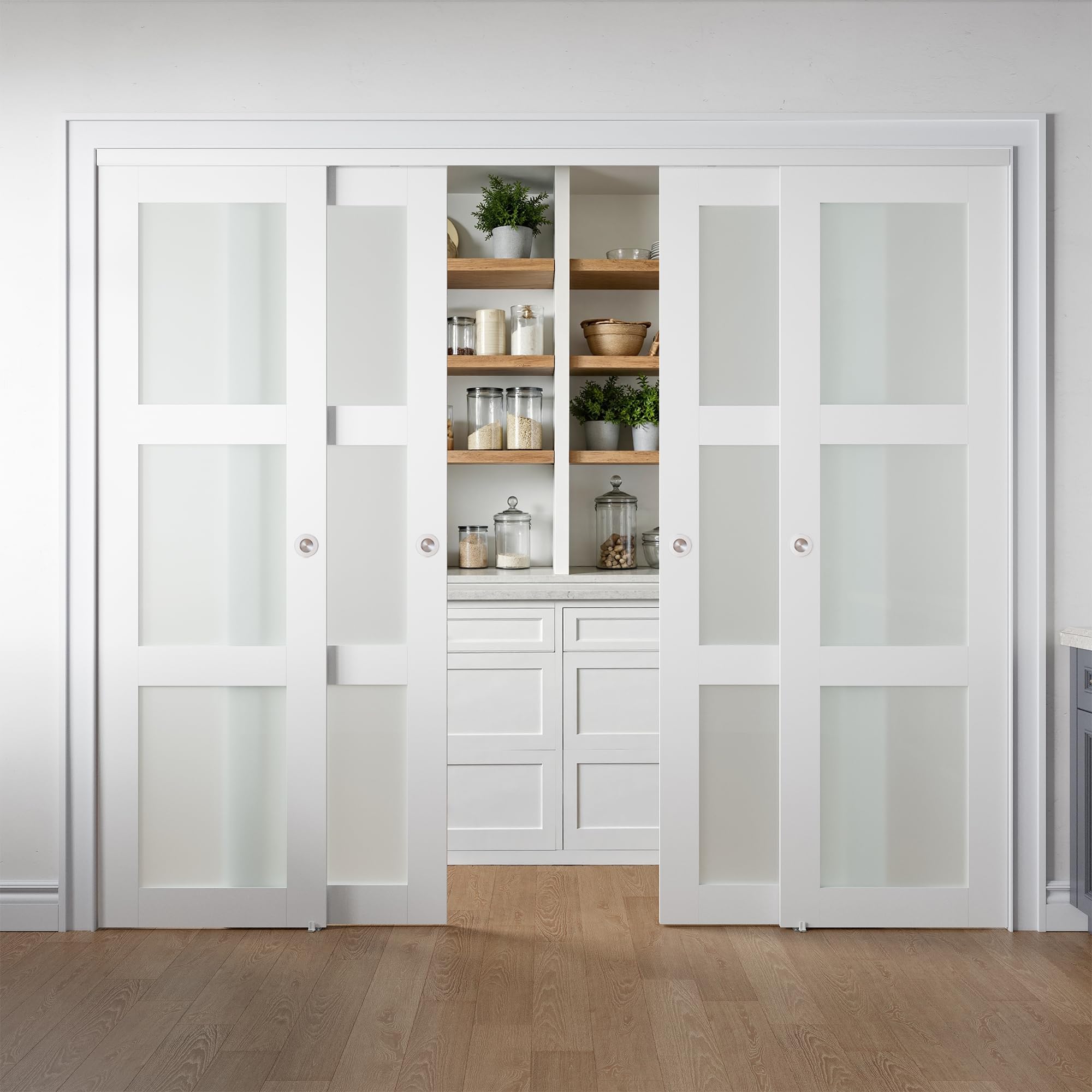 Photo 1 of ***HARDWARE ONLY***COSHOMER Sliding Closet Door for 96" x 80" Opening with Hardware Kit Set, Preassembled 3-Lite Frosted Glass MDF Barn Doors, White