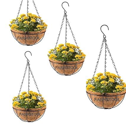 FARMSTOOL Coir Garden Hanging Flower Basket Pots 8INCH 4 Pieces Metal Basket for Balcony Gardening Plants Indoor Outdoor