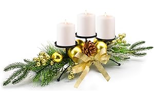 MrMrKura Christmas Centerpiece with 3 Candle Holders, Table Christmas Decorations with Pine Cones Gold Berries Bowknot and Ba