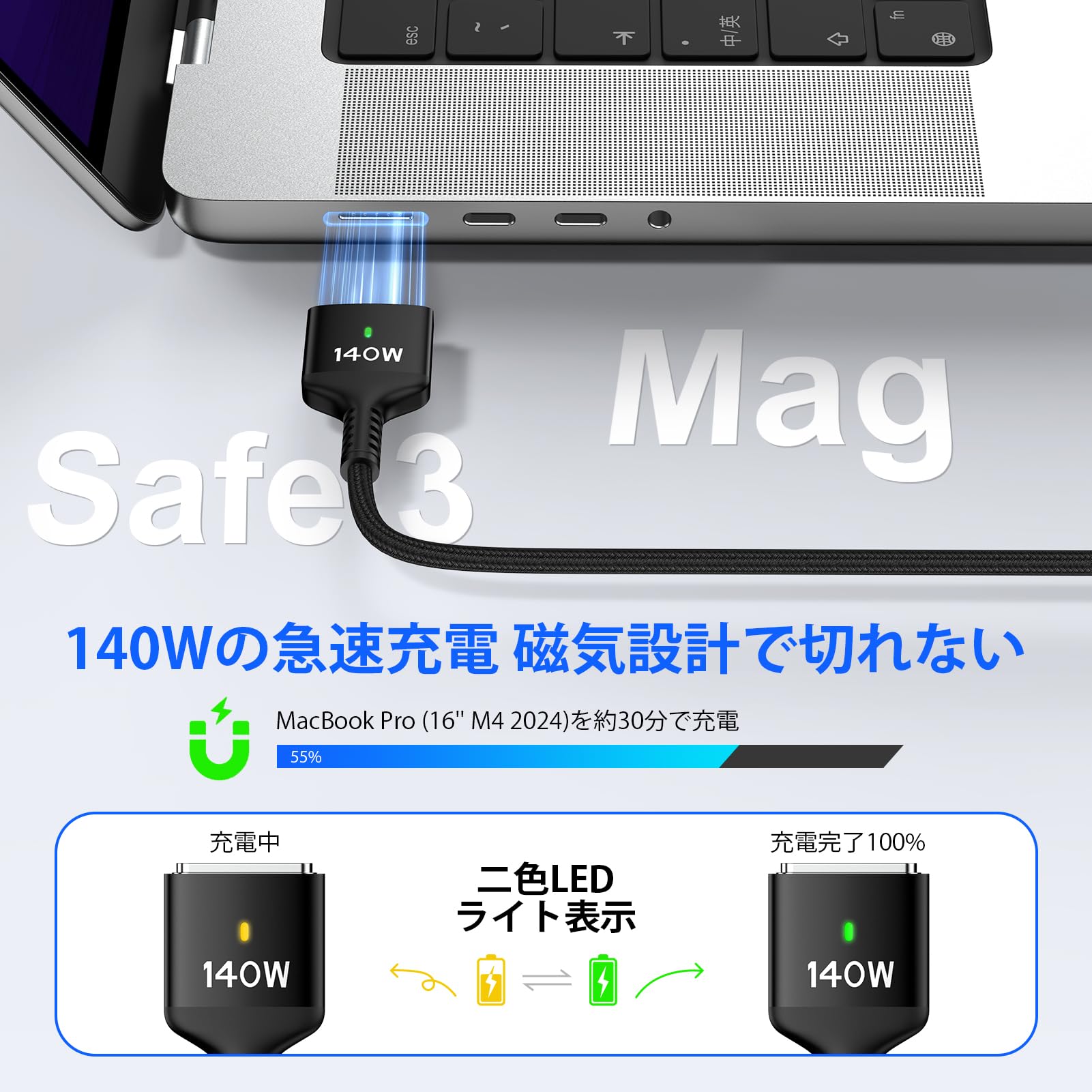 Haoano 140W Macbook Pro充電ケーブル 0.9M USB-C to Mag-Safe 3 磁気充電ケーブル 高速充電PD3.1対応 Macマ グネット充電コード 強力な磁気 高耐久ナイロン編組 Macbook air(13”/15”、M2/M3、2024/2023/2022)、MacBook Pro（16”/14”，2024/2023/2021）など対応 ブラック