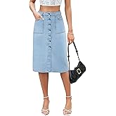 POTILI Denim Skirt Women Long Jean Skirts Stretch High Waisted Button Down Front Slit A Line with Pockets
