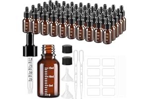 UPBUD 50 Pcs 1/2oz Amber Glass Dropper Bottles with Measurement, 15ml Leakproof Tincture Bottles with Funnels, Eye Droppers, Extra Caps & Labels, Refillable Empty Bottle for Tinctures, Essential Oils