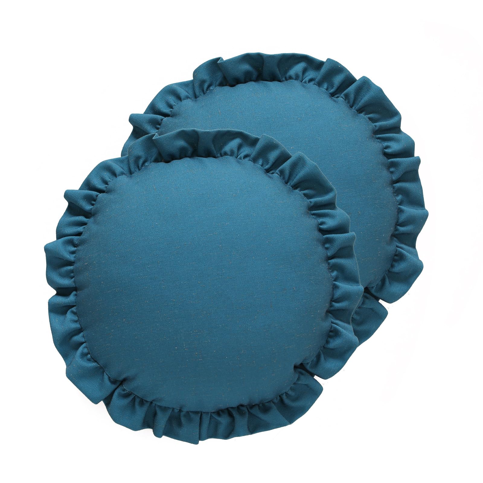 Photo 1 of (lighter than stock) (bagged) (used/fair) ISAENNE 2 Pieces Classic Blue Round Throw Pillow Cover Diameter 16", Solid Color Farmhouse Linen Cotton Decor Pillow Cover with Ruffles, Sturdy Throw Pillow Case for Couch Sofa Bed Living Room