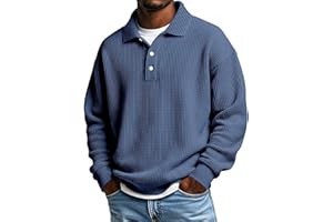 Mens Waffle Knit Polo Shirts Oversized Lapel Henley Solid Long Sleeve Sweatshirt Fashion Fall Casual Loose Basic Tops