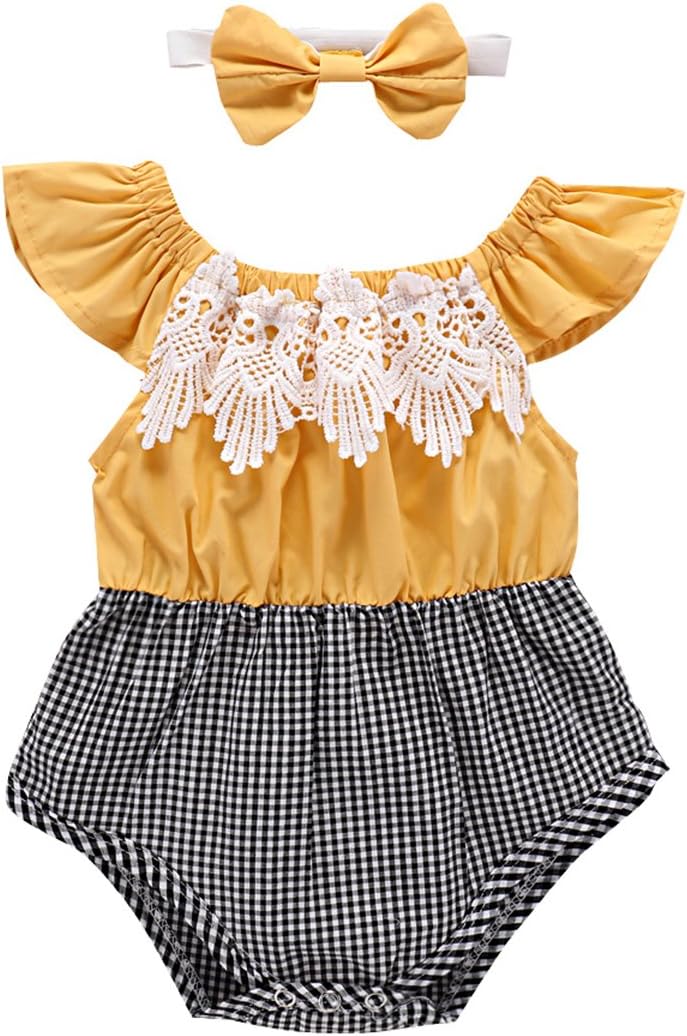 2Pcs Baby Romper Baby Girl Clothes Summer Ruffle Lace Plaid Spliced Jumpsuit Bowknot Headbands for 0-12 Months
