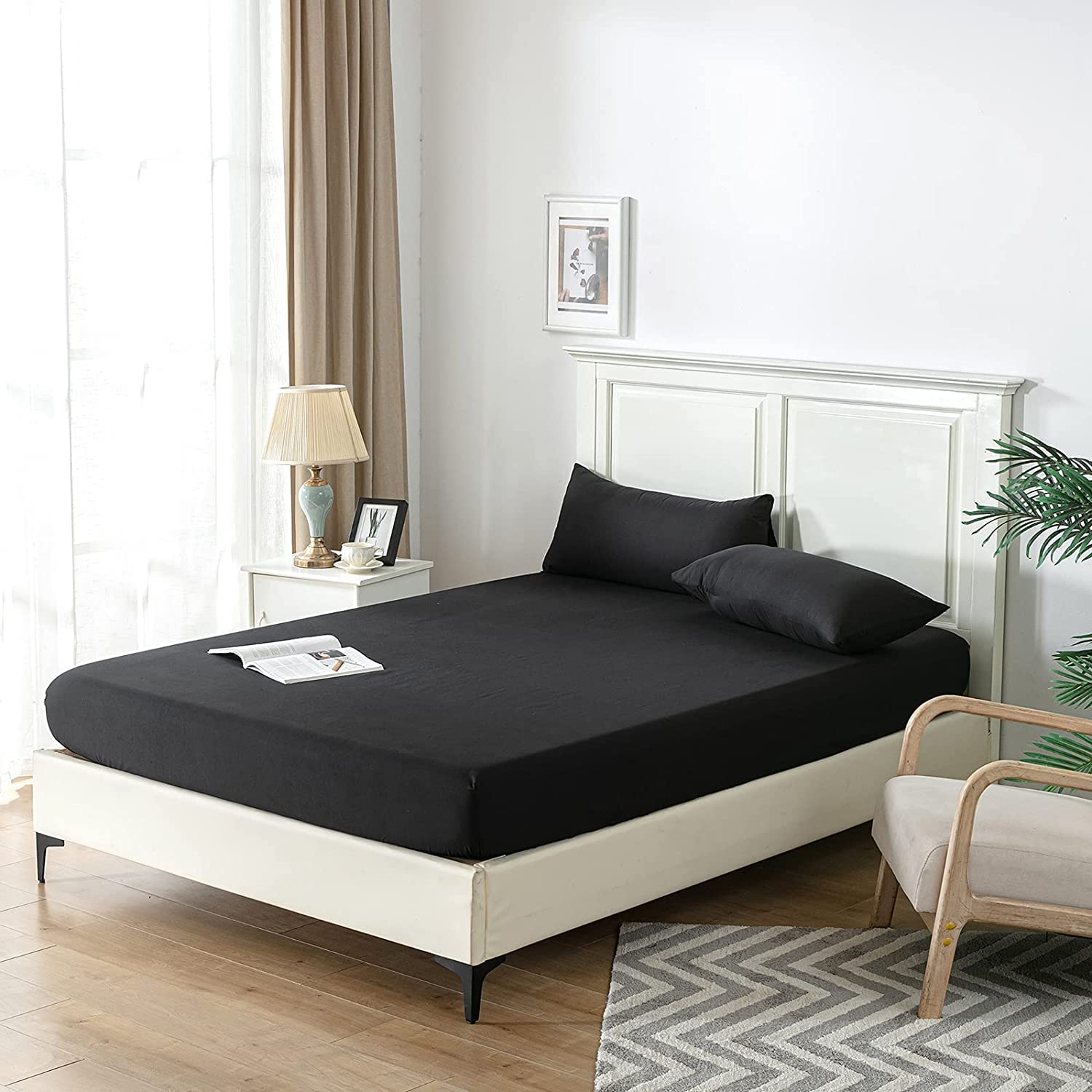 Good Nite Fitted Sheet Bed Sheets Single Double King Size 25CM Extra Deep Pocket Soft and Breathable Machine Washable Fitted Bedding Sheets (Black, Single) — image 1