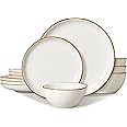 ONEMORE Plates and Bowls Set, Dinnerware Sets for 4, Porcelain Kitchen Dishes Set 12pcs, Scratch Resistant, Modern Aesthetic Plate Set - Microwave & Dishwasher Safe,Cream White