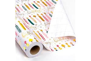 Yarcony Birthday Candle Wrapping Paper Roll - 17Inch X 33Feet - Elegant Rainbow Gold Foil Gift Wrap for Girl's Birthday, Christmas, Holiday, Party and Sophisticated Celebration