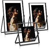 RICHFOCUS Set of 3 Floating Picture Frame Includes 4x4, 4x6, 5x7, Floating Display for 2x2 3.5x5 4x6, Beaded Metal Picture Frames with Real Glass, Tabletop Photo Frame for Multiple Size, Black