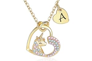 FLNEOO Unicorn Gifts for Little Girls Jewelry - 14K Gold Plated Unicorn Necklace With Initial Personalized Gifts for Preteen Girls Heart CZ Pendant Hypoallergenic Unicorns Jewelry Birthday Gifts for Girls