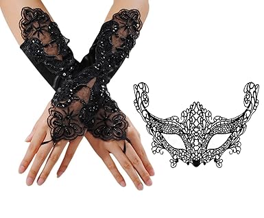 Ruiuzi Maskerade Frauen Damen Maske Gesicht Auge Spitze Fox Maske mit Fingerlose Gothic Handschuhe für Kostüm Venezianische K