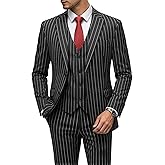 MOGU Mens 3 Piece Pinstripe Suit Slim Fit Double Vents Tuxedo Jacket Vest &amp; Pants Casual Dress Set