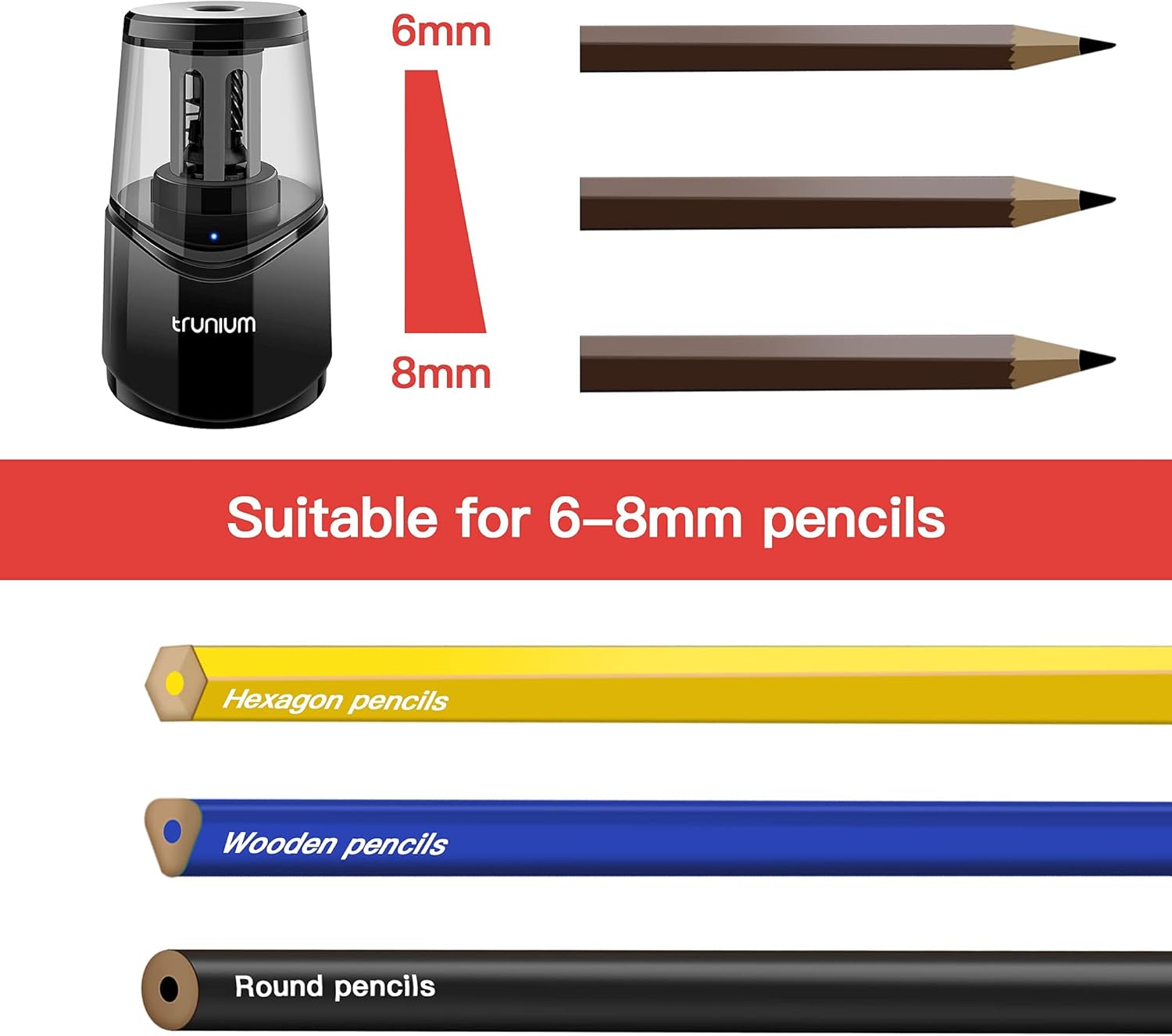 TRUNIUM Electric Pencil Sharpener Heavy Duty, Portable Pencil Sharpener for Home, Colored/Wooden Pencil for 6-8mm, USB/AC Operated in Office School : Office Products