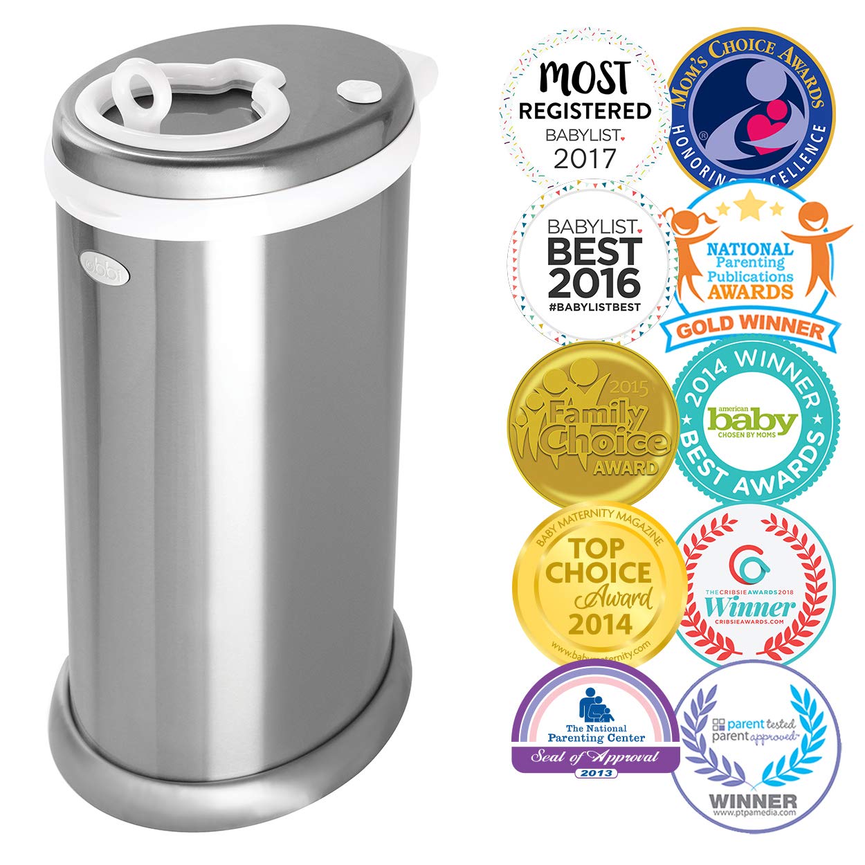 Ubbi Steel Odor Locking, No Special Bag Required, Money Saving, Awards-Winning, Modern Design Registry Must-Have Diaper Pail, Chrome