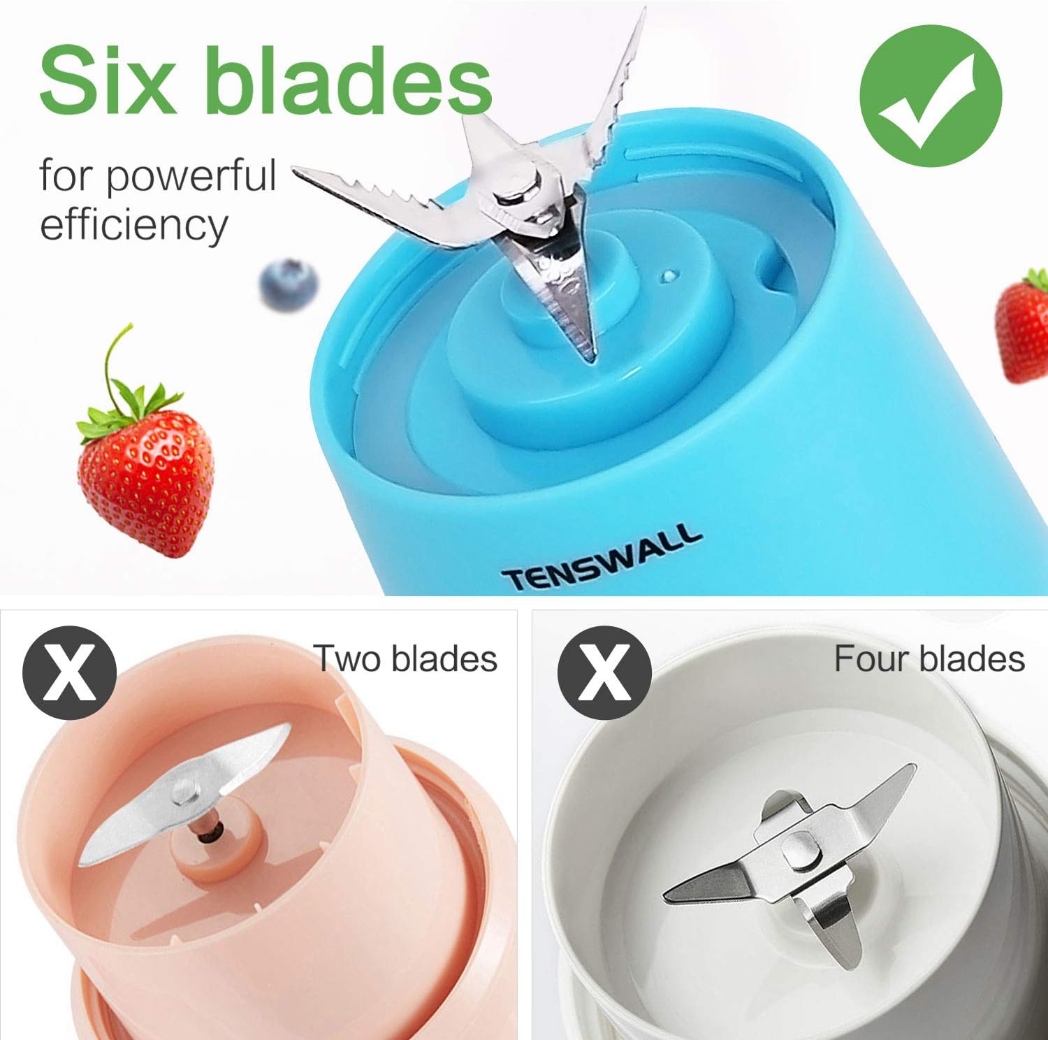 Portable Blender, Personal Size Blender USB Rechargeable with 6 Blades for Shakes and Smoothies, Mini Blender with 13oz Jucie Cup for Sports, Travel, Gym, home and office Blue: Kitchen & Dining