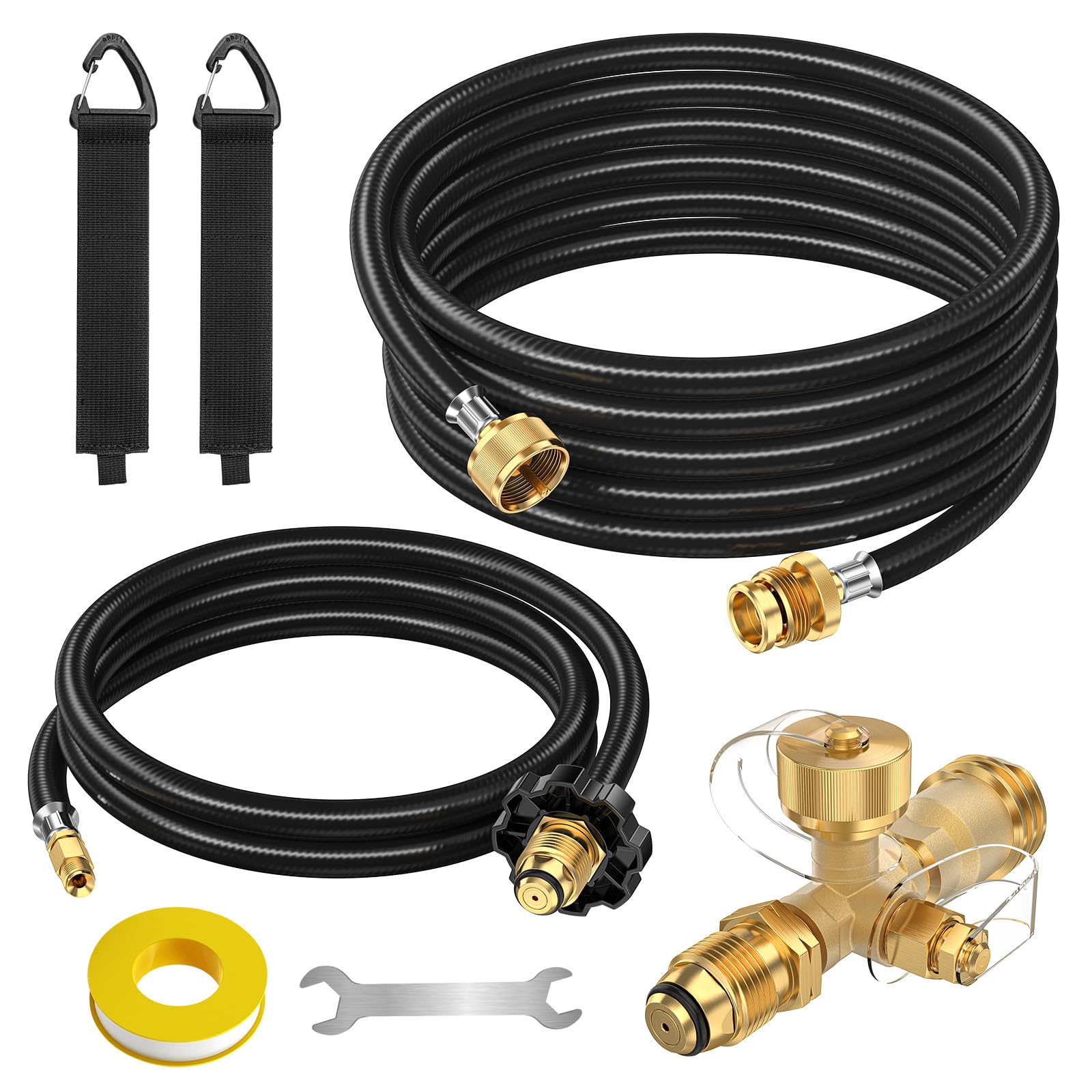 Photo 1 of Extend a Stay RV Propane Kit - 5FT & 12FT Hoses, Brass Tee Adapter Kit 4-Port for Connection Between Auxiliary Cylinder or Appliances - Tank RV Camping