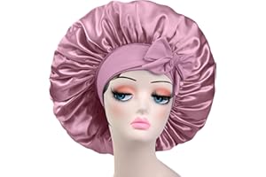 ISSHIN BEAUTY Satin Bonnet Silk For Hair Sleeping: Women Tie Bonnets Adjustable Night Cap Jumbo Size Comfortable Wide Band for Braids Curly Long Hair (Rose Gold)