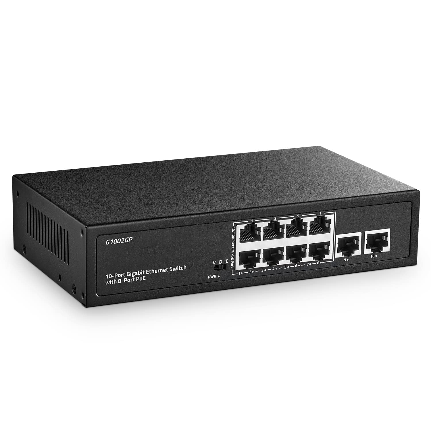 10 Port Gigabit PoE Switch, 8 Port PoE+ and 2 Uplink, 10/100/1000Mbps, IEEE802.3af/at Max 120W, Fanless Unmanaged Plug&Play Ethernet Switch