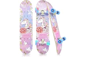 Kqpoinw Standard Skateboards with Colorful Flashing Wheels for Beginners, Kids,Teens, 7 Layer Maple Complete Skateboard for Girls Boys, 31" x 7.8" Double Kick Concave Kids skateboard with Skate T-Tool