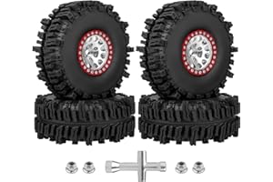 HobbyPark Soft Rubber 1/10 RC Crawler 1.9 Mud Slingers Tires 4.7inch 120mm and 1.9 Beadlocks Wheels Set for Scale RC4WD Axial SCX10 TRX4 Redcat Gen 8 Good Grip w/Foams (Silver & Red Rims)