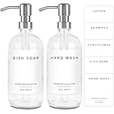 Emerson Essentials Soap Dispenser for Kitchen, Dish Dispenser for Kitchen, Bathroom Hands Set, Glass Bottles with Pump and Labels - 16 Oz, 2 Pack