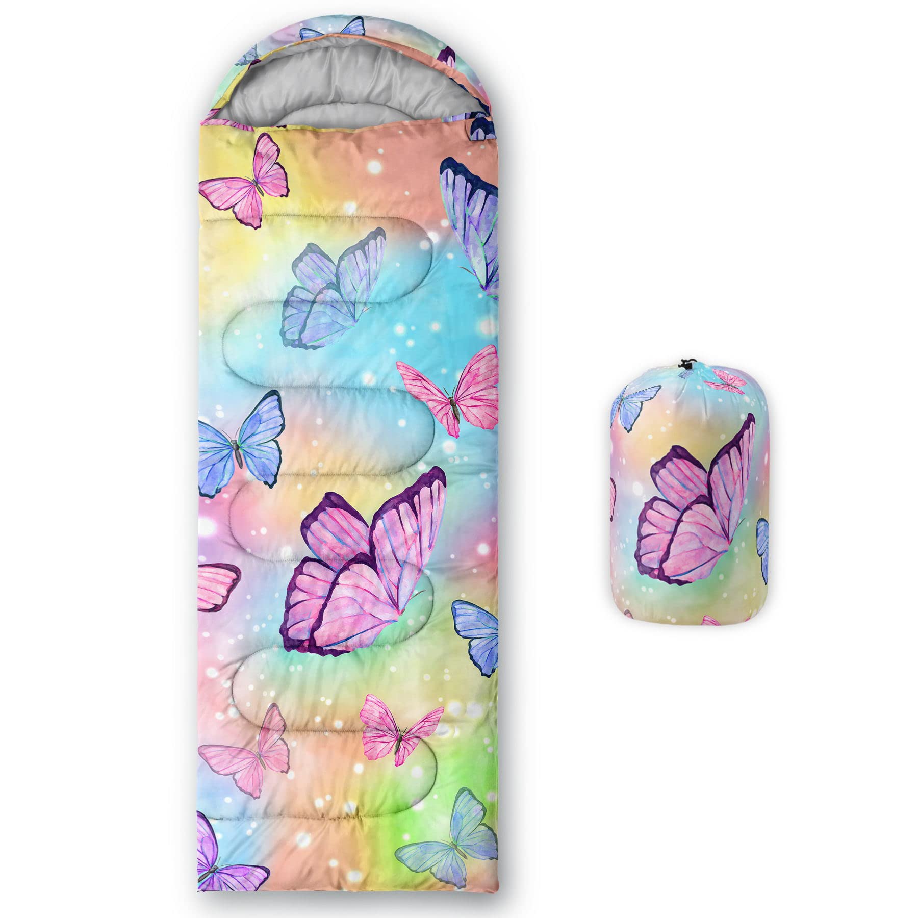 HOSIMA Sleeping Bags for Boys Girls Kids,Butterfly Printeded Lightweight Warm Portable Outdoor Indoor Waterproof Cold Resistant Sleeping Bag for Camping Hiking (Butterfly)