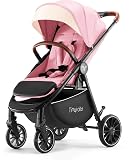 Tinyiota All-Terrain Baby Stroller, 48.5lb Capacity with UPF 50+ Canopy, One-Hand Fold, Microfiber Leather Handle,Near Lie-Flat Mode for Newborn to Toddler (Hot Pink)