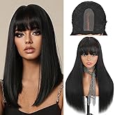 Mihugass 2x4 Bangs Wigs With Drawstring and Elastic Band Human Hair Wear And Go Lace Front Wig 200% Density Brazilian Virgin Hair Glueless Wigs Natural Black Color Lace Wig (14 Inch,#1B)