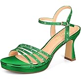 PIZZ ANNU Lena Women's Platform Heels High Block Chunky Sparkly Rhinestone Open Toe Ankle Strap Fashion Dress Pump Sandals Shoes for Party Wedding