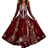 Skeleton Dress Women Halloween Costumes Spooky Skull Rose Party Dresses | Halloween Witch Costumes Long Sleeve V Neck Maxi Halloween Dresses Vintage Gothic Cosplay Festival Party Outfit