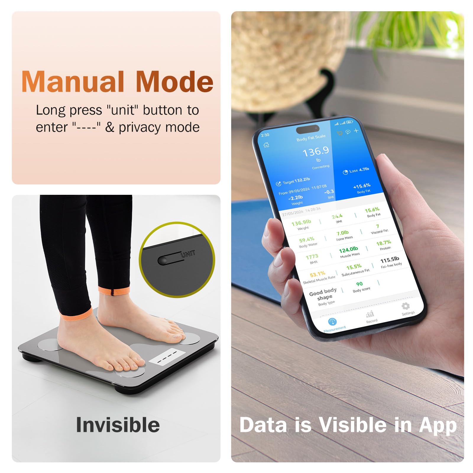 Smart Bathroom Scale for Body Weight, Digital Weighing Scale with BMI, Body Fat, Muscle Mass, Bluetooth Machine for People, Work with App, 14 Body Composition Analyzer