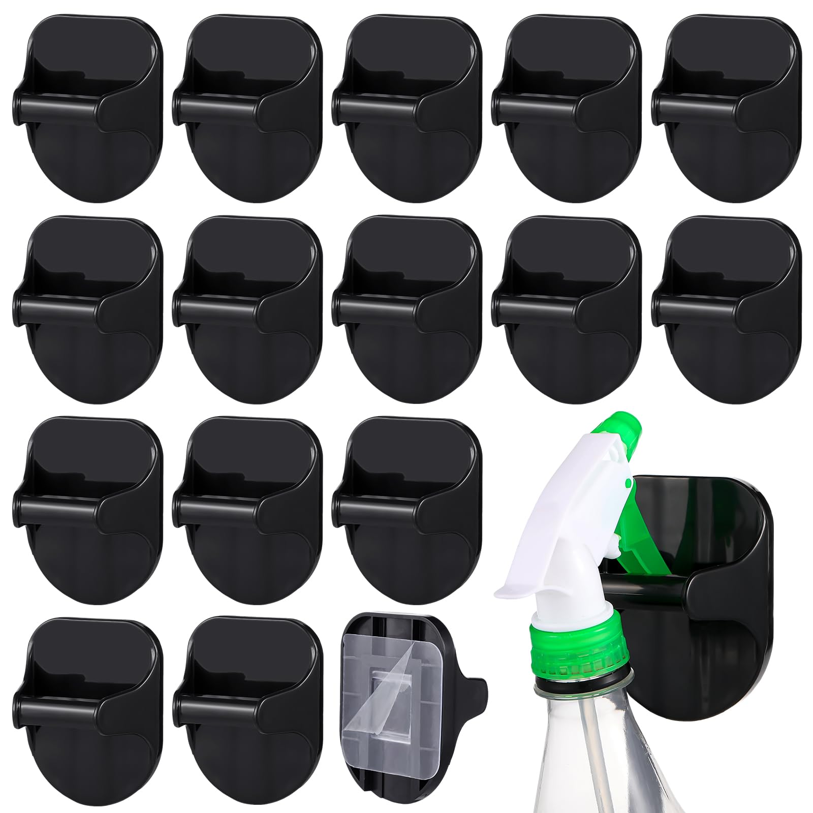 Photo 1 of Gerrii 16 Pcs Spray Bottle Holder Wall Mount Spray Bottle Hanger Adhesive Hooks for Cabinet Plastic Rack Organizer to Create Storage Space for Kitchen Bathroom Sink Cleaner(Black)