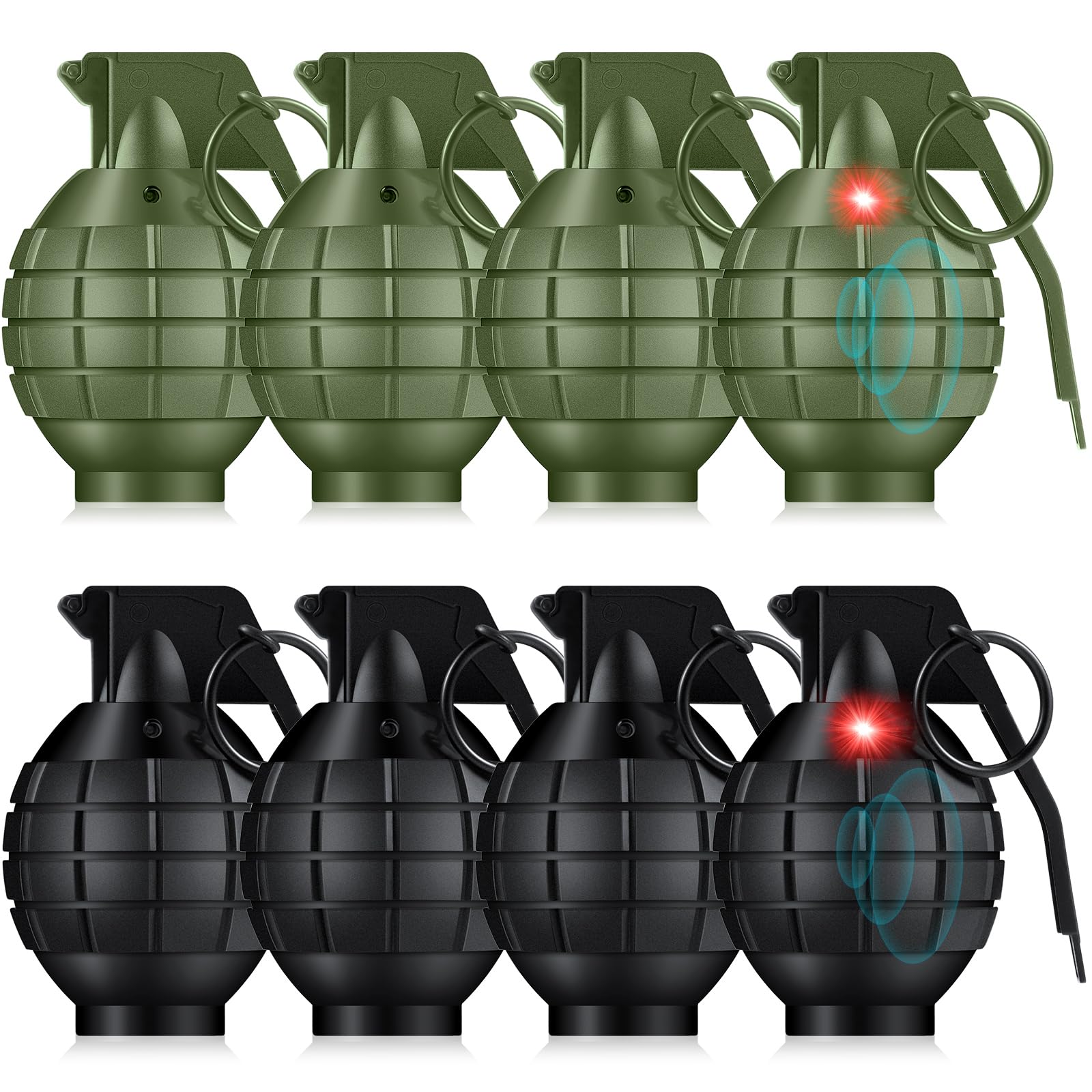Photo 1 of Sratte 8 Pcs Plastic Hand Grenades with Realistic Sound Effects and Flashing Light, Fake Toy Grenades Military Toys for Army Role Play Prop (Black,Green)