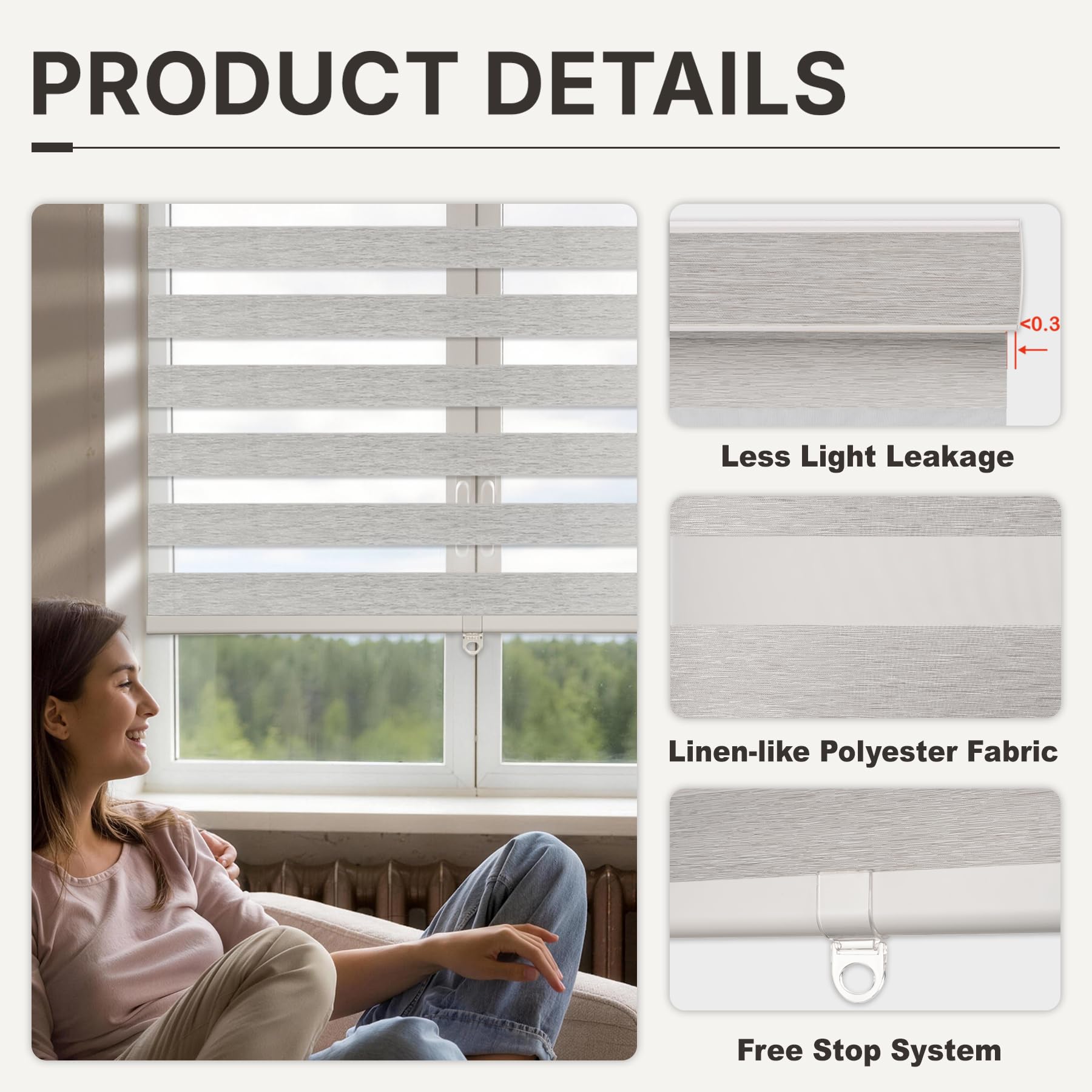 Condition photo showing New/Like New for hestia cordless light filtering zebra shades, linen-like fabric blinds for indoor windows, dual laye