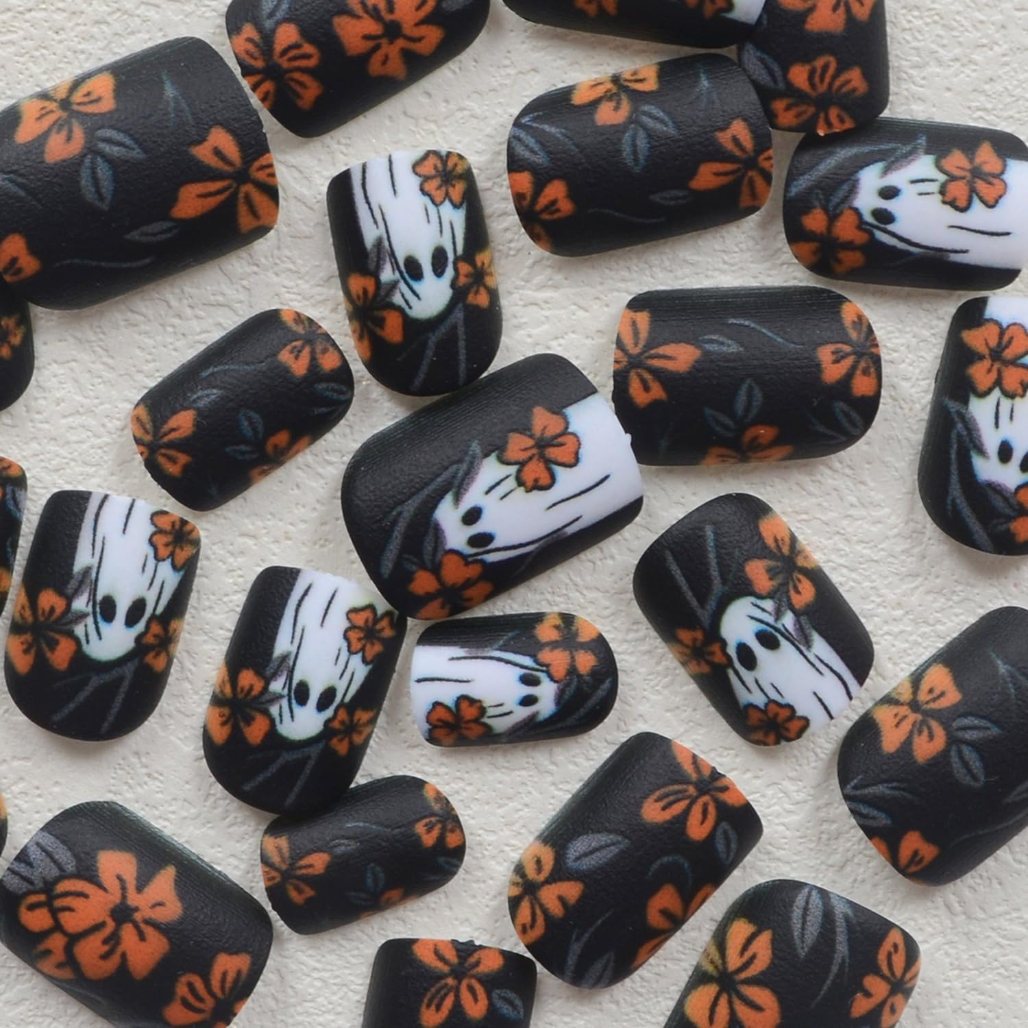 Halloween Yellow Flowers Press on Nails Short Square Fake Nails with Cute Little Ghost Designs Black Matte Artificial Nails Full Cover Stick on Nails Halloween Glue on Nails for Women Nail Art DIY - Image 2