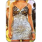 Aukmla Women Sparkly Sequin Mini Dress Spaghetti Straps Mirror Disco Dresses Bodycon Nightclub Party Dress