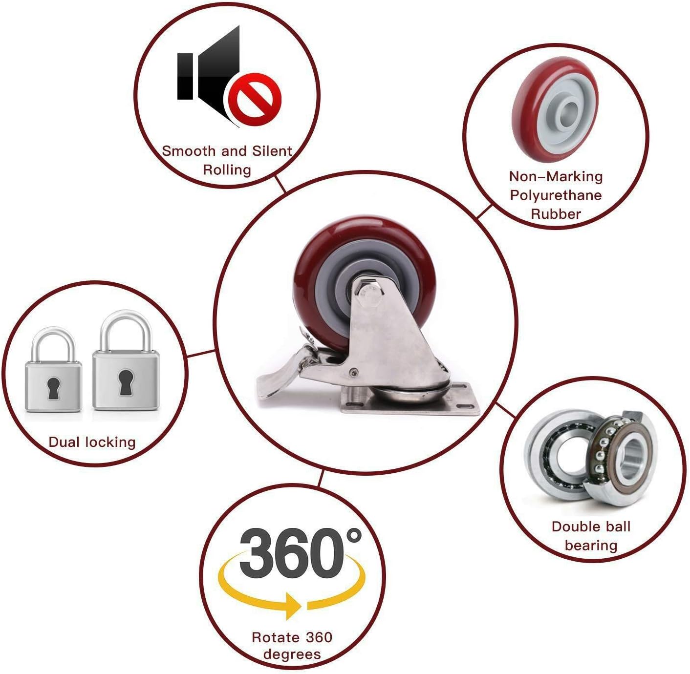 4 inch Heavy Duty Casters, Lockable Bearing Caster Wheels with Brake, Swivel Casters for Furniture and Workbench, Set of 4, Load 1800lbs (Free screws and a spanner): Home Improvement