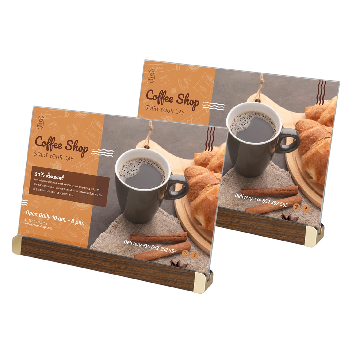 Photo 1 of (ONLY 1) Golemas 8.5 x 11 Acrylic Sign Holder, Classic Wooden Gold Stand, Double Sided Display Table Top Paper Holder, for Office, Cafe, Store, Menu, Certificate, Document (Vertical, 2pack)