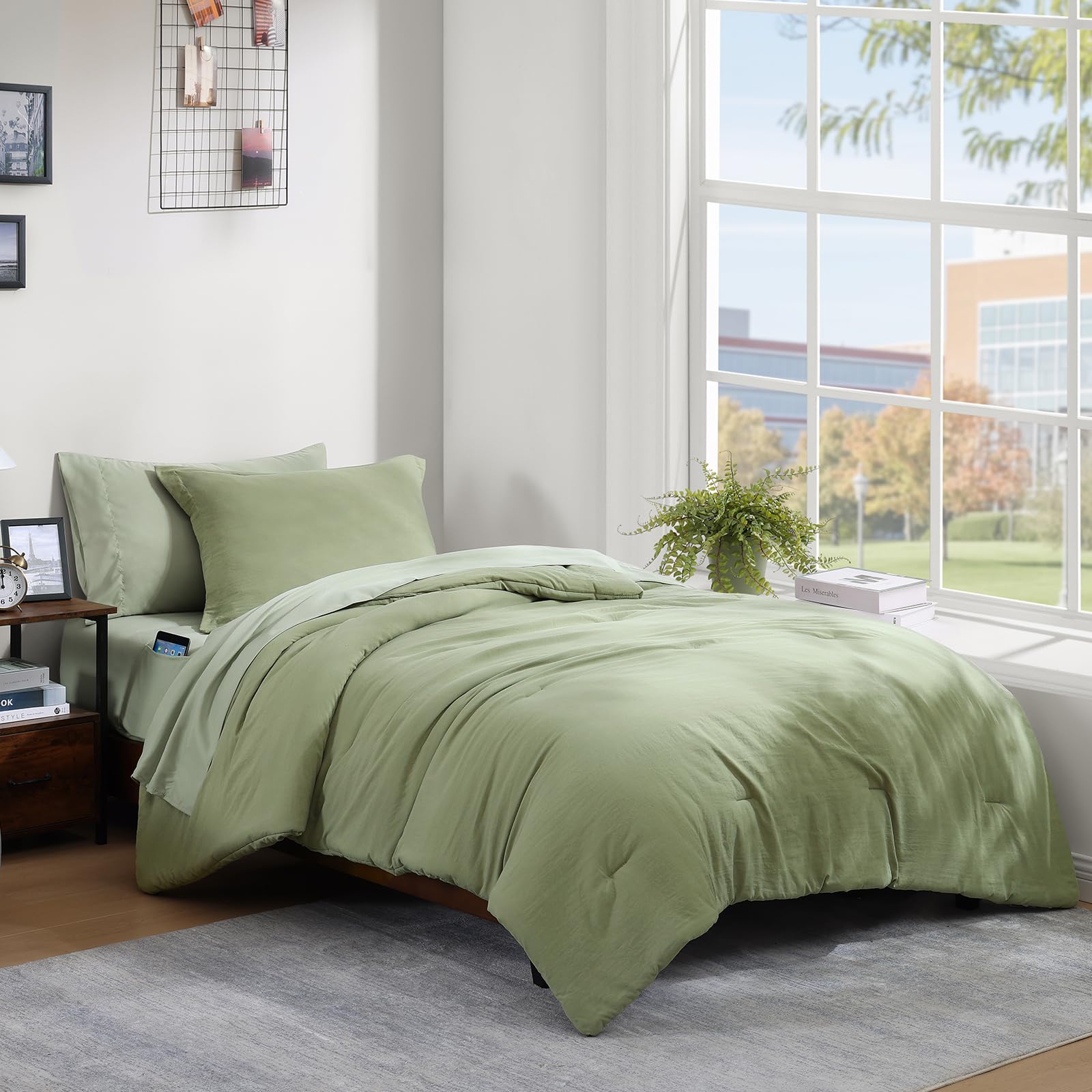 Photo 1 of ***CONFORTER MISSING***WRENSONGE Twin Comforter Set- 5 Pieces Sage Green Bed in a Bag, All Season Twin XL Bedding Sets with 1 Fitted Sheet, 1 Flat Sheet, 1 Pillow Sham and 1 Pillowcase
